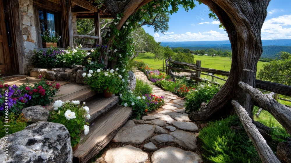 Fototapeta premium Serene Retreat: A picturesque stone pathway leads to a charming home nestled amidst lush greenery, with the natural landscape unfolding in the distance.