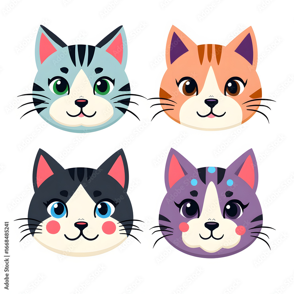 Fototapeta premium Four adorable cartoon cat faces with unique colors and happy expressions are presented.