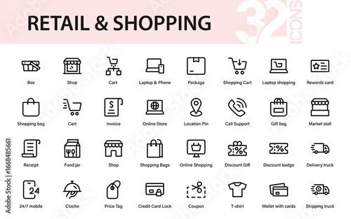 Retail Store Modern Professional Line Icon Collection Featuring Elegant Clean Design Elements for Branding and Graphic Creativity