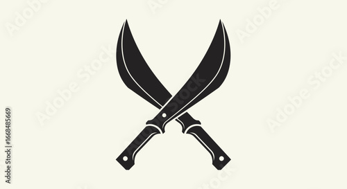 Two curved swords are crossed, forming an 'X' shape, with black blades and handles against a cream background.