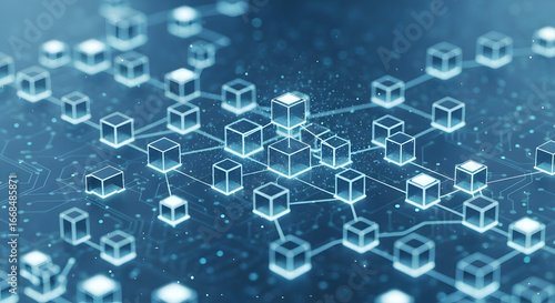 Modern abstract digital illustration depicting a complex network of interconnected glowing cubes, symbolizing data flow, secure transactions, and advanced technological infrastructure