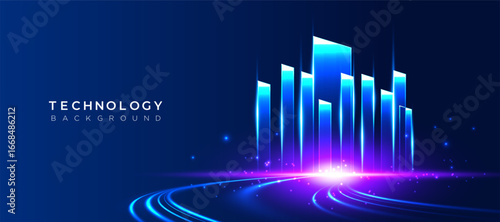 Night city background with glowing neon buildings, curved speed light trails, and futuristic skyline. Abstract digital vector dark blue, smart city, business, technology