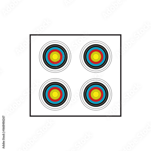 Archery target boards with colorful rings. One target shows arrows hitting the bullseye, the other displays four practice targets. Perfect for sports, accuracy, competition, and training themes.
