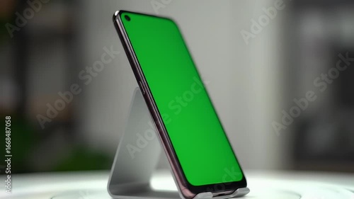 Modern smartphone with vibrant green screen display for easy content replacement, resting on a sleek stand with a blurred background, perfect for t...