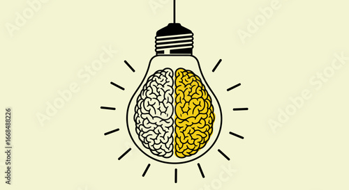 A lightbulb with a brain inside, half white and half yellow, symbolizing ideas, creativity, and innovation.
