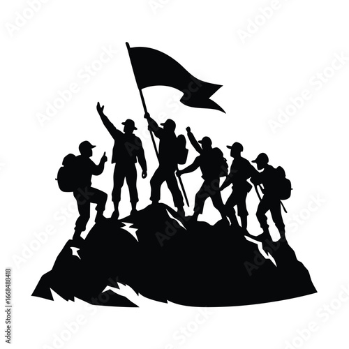 Adventure Group Holding Flag on Mountain Silhouette