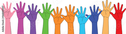 Colorful raised hands, diversity concept, unity symbol, inclusive participation, cartoon style, vibrant illustration, equality theme, community support, multicultural design, social engagement
