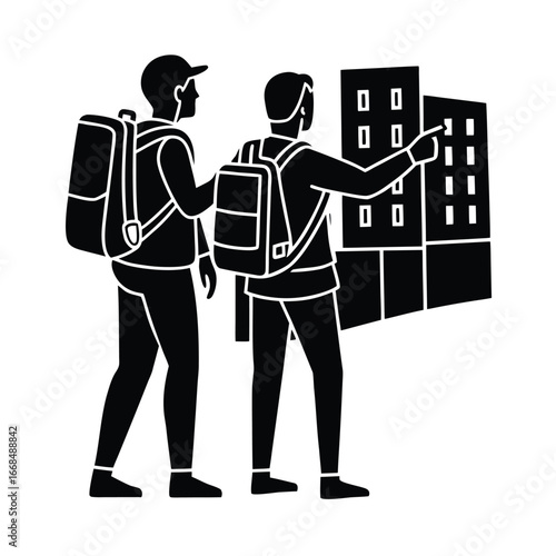 Backpackers Looking at a City Map Silhouette