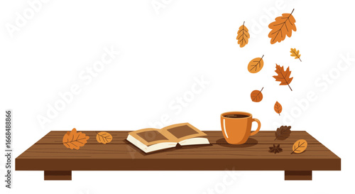 Autumn scene with book and coffee cup on wooden table  