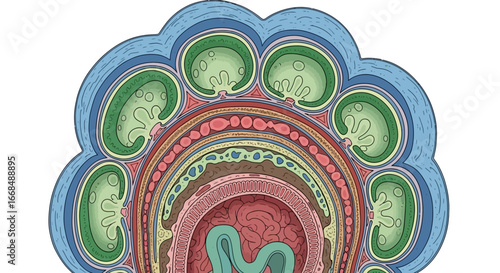 Cross-section diagram of a human digestive system, showing layered structures and organs.