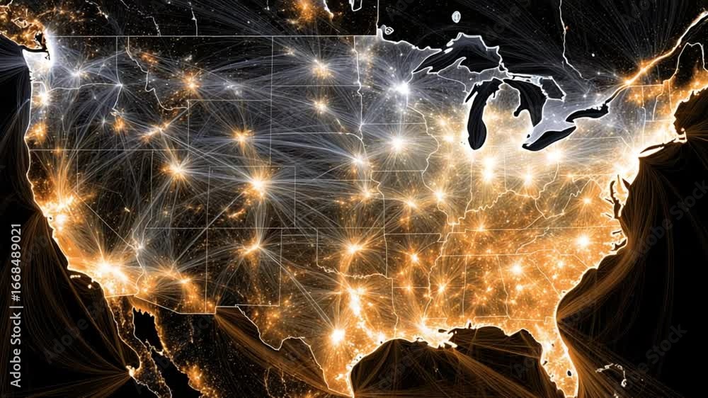 A glowing map shows city lights and interconnected networks across the ...