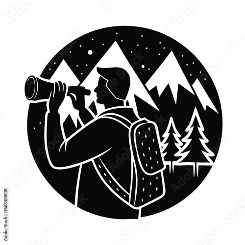 Explorer Using Binoculars to See Distance Silhouette