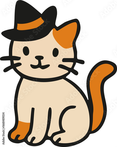 A cute cartoon cat with orange spots is wearing a black witch hat with an orange band, giving it a festive Halloween look.