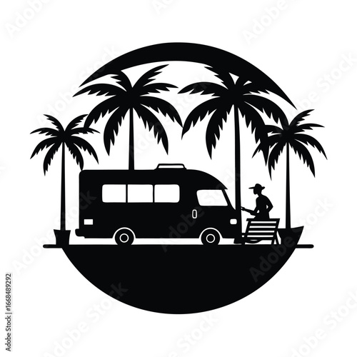 Camper Van Driving into the Sunset Silhouette