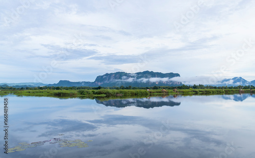 Nature fresh morning view with lake  of Phuphaman, Khonkaen, Thailand in travel destination