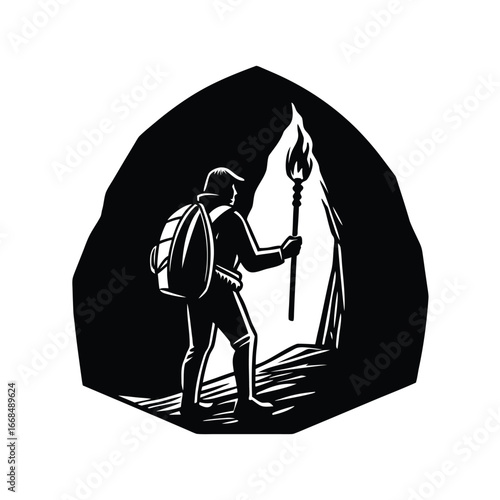 Explorer with a Torch in Cave Silhouette