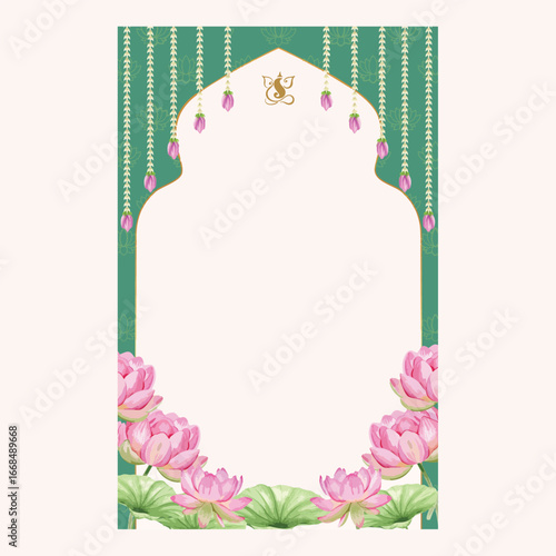 Traditional Indian Wedding Invitation Background with Lotus Flowers and Floral Garland – Vector Design