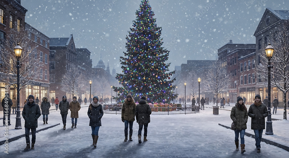 Obraz premium Christmas tree in city square with snowfall and people