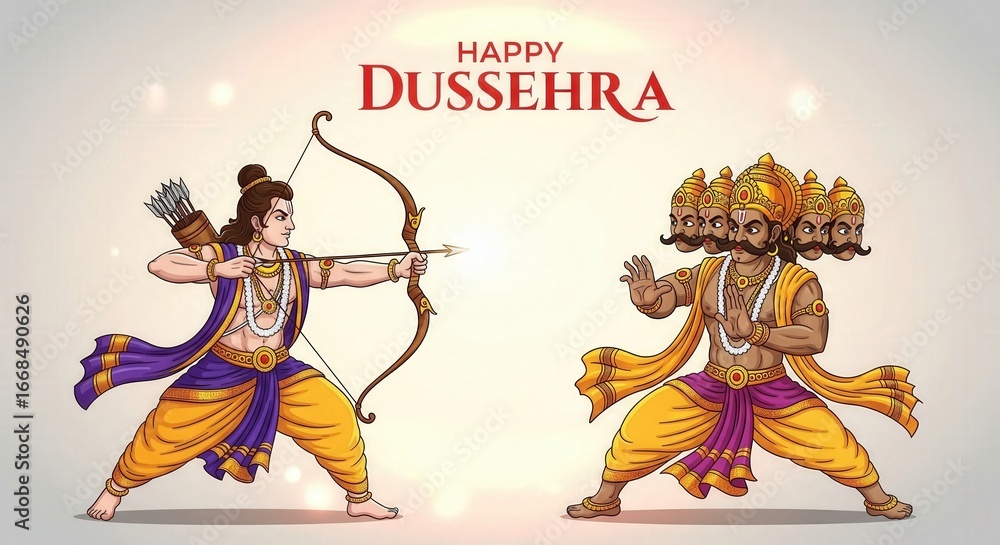 Lord Ram Aiming Bow at Ravana – Dussehra Premium Illustration, Colorful Background Lord Ram Aiming Bow at Ravana – Dussehra Premium Illustration, Colorful Background