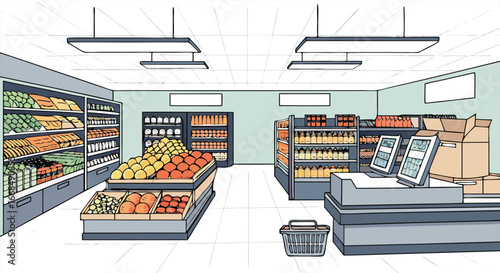 Pixel art grocery store interior with aisles of produce and shelves stocked with food items
