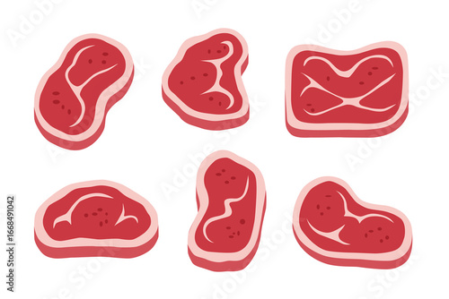 Flat vector illustration of raw beef steaks, fresh red meat cuts with fat, protein food design isolated on white background