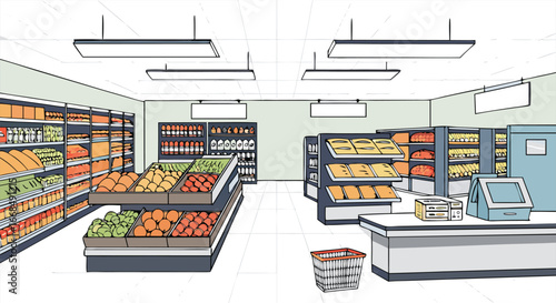 Pixel art grocery store interior with aisles of produce and shelves stocked with food items
