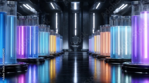 Futuristic Laboratory Featuring Glowing Test Tubes in Vibrant Colors and High-Tech Scientific Environment