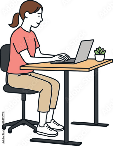 Young woman sitting on chair working at desk with laptop computer, modern office workplace, online learning, freelance professional lifestyle illustration.