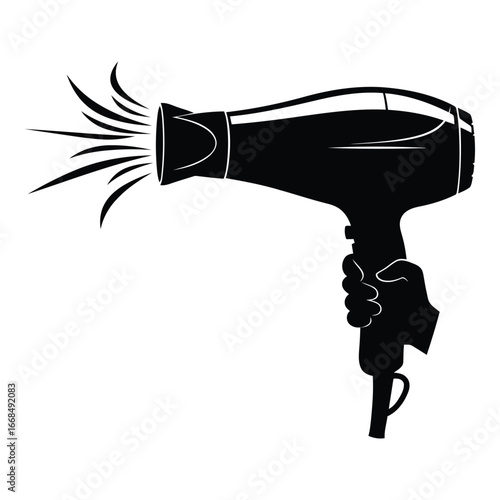 Stylized black silhouette of a hair dryer in hand showing airflow for hair styling and grooming