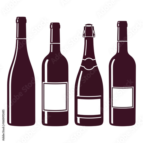 Four dark glass bottles of wine and champagne with white labels isolated