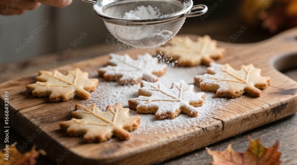 Fototapeta premium Powdered sugar sprinkled onto maple leaf-shaped cookies for a cozy autumn feel and traditional Thanksgiving treats