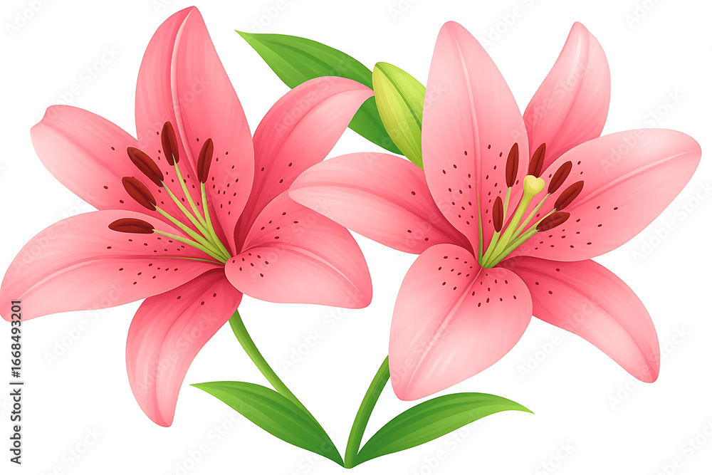 Fototapeta premium Two pink lily flowers Isolated on white background