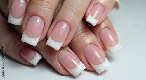 Elegant French Manicure Nails Closeup Beauty
