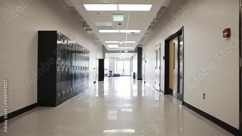 Modern school hallway with black lockers and bright natural light streaming through distant doors