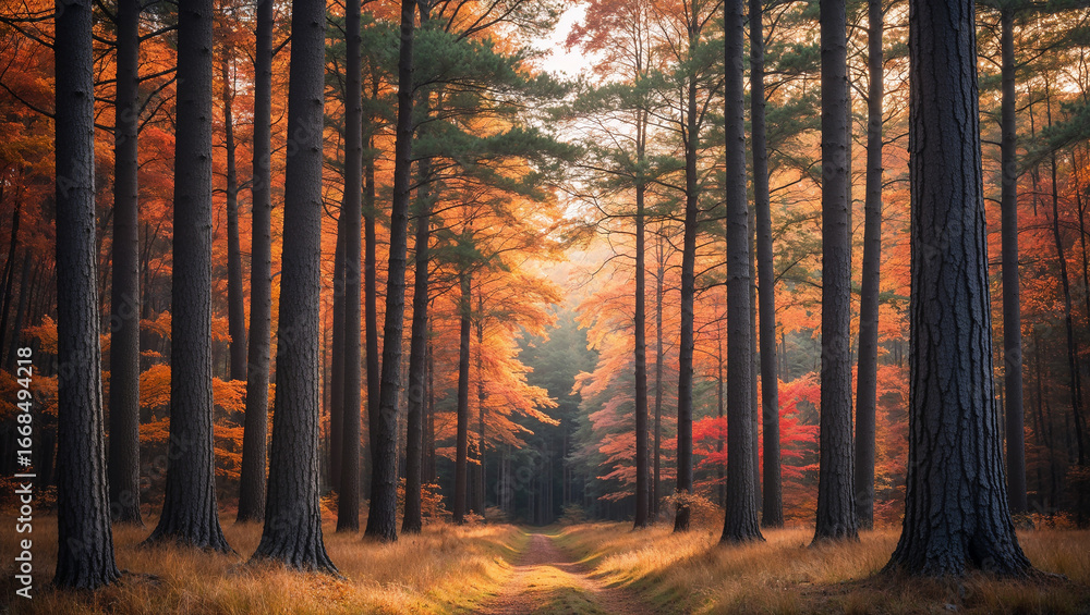 Fototapeta premium Majestic autumn forest with golden light illuminating path
