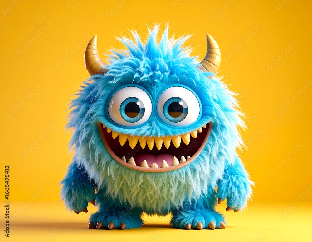 Fototapeta premium Blue fluffy monster smiles widely