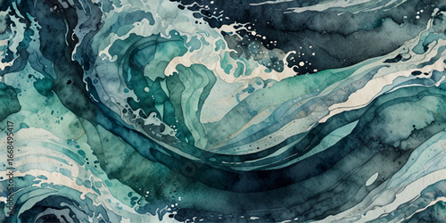 Abstract blue watercolor wave curve line background. Abstract wavy ocean watercolor texture background for copy space. Ocean wave banner background.	