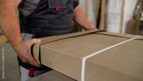 Worker securing cardboard box with adhesive tape in factory
