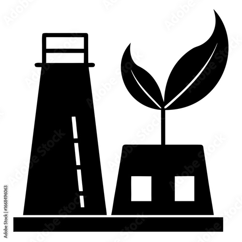 Silhouette of a bioenergy plant with leaf symbol, flat minimal outline, isolated on white