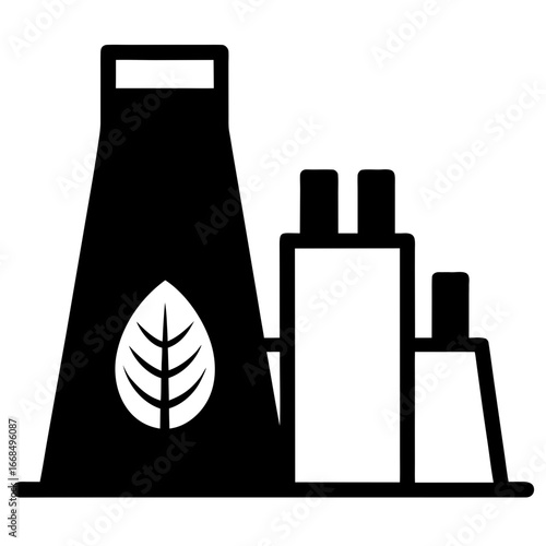Silhouette of a bioenergy plant with leaf symbol, flat minimal outline, isolated on white