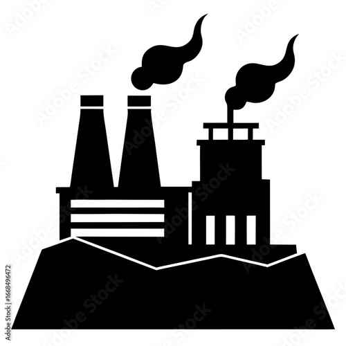 Silhouette of a geothermal energy plant with steam rising from vents, flat minimal style, isolated on white