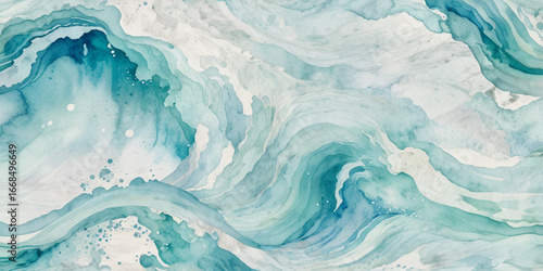 Abstract blue watercolor wave curve line background. Abstract wavy ocean watercolor texture background for copy space. Ocean wave banner background.	