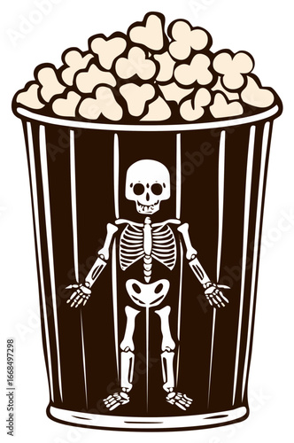 Cartoon Skeleton Trapped Inside a Container Full of Popcorn