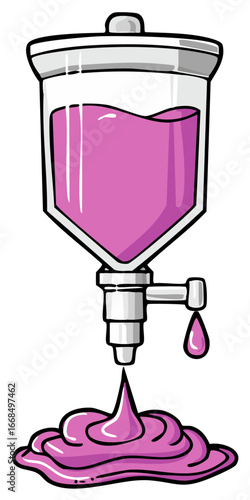 Pink fluid pouring from dispenser into puddle, illustration graphic