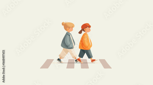 Two kids crossing pedestrian crosswalk safely, flat design vector illustration