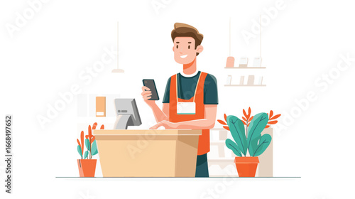 Smiling cashier at counter holding smartphone, flat design vector illustration of retail store worker