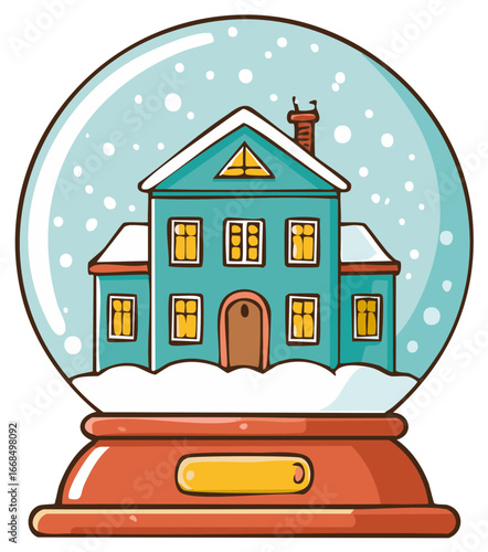 Hand drawn illustration of a snow globe featuring a cozy blue house with illuminated windows and snowfall
