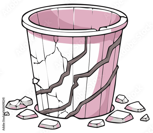 Broken pink flowerpot with cracks and shattered pieces shows deterioration and ruin in a symbolic illustration