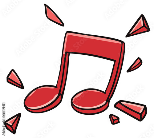 Red musical note shattering into pieces and radiating sound waves