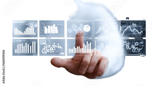 Hand Interacting with Digital Data Visualizations Charts Graphs Business Analytics